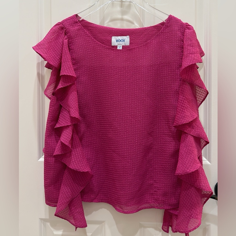 Koch pink ruffle blouse with‎ mesh sleeves